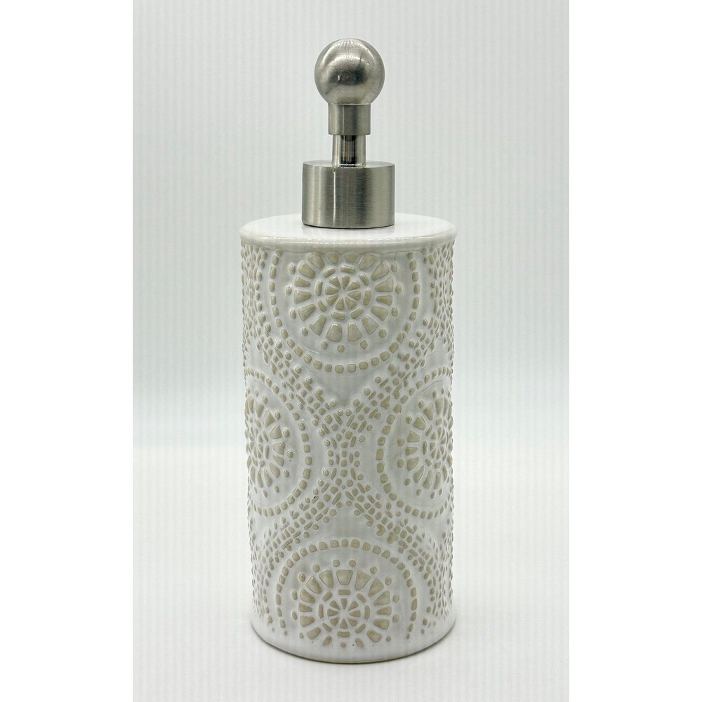 Caro White Embossed Texture 3D Ceramic Bathroom Soap Lotion Dispenser Bottle - Picture 2 of 5